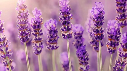 Naklejka premium Lavender field in sunlight; vibrant purple blossoms; soft focus; nature backdrop; perfect for relaxation