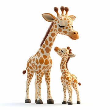 Cute cartoon giraffes in playful pose.