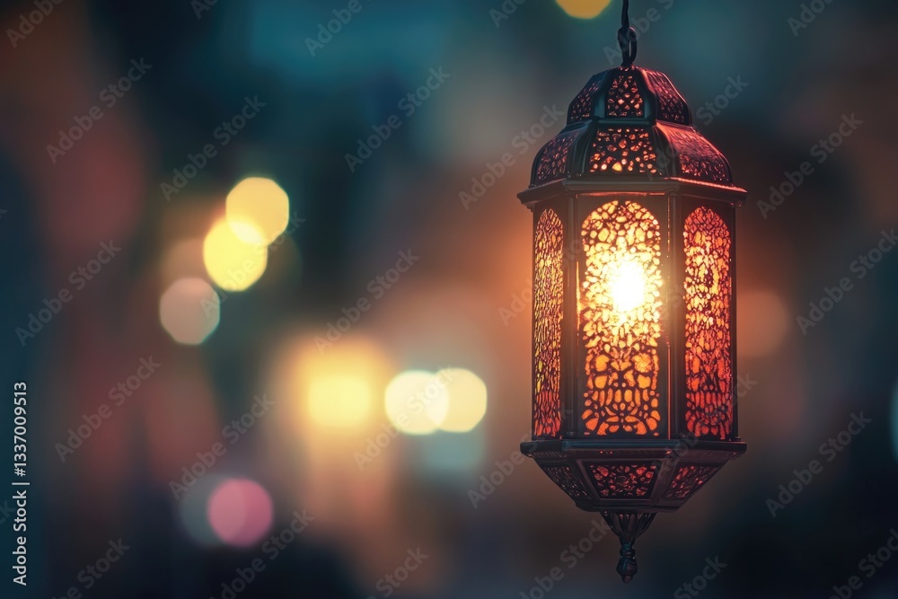 Poster A lantern suspended from a string against a dark background, perfect for adding ambiance to any scene