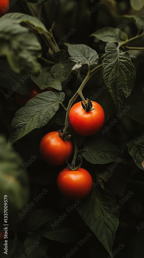 Poster fresh tomatoes hanging from a tree branch