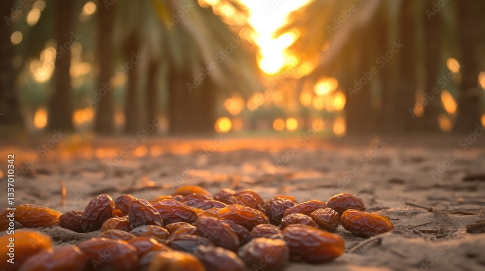 Poster a cluster of ripened dates sitting on the surface of sandy terrain, possibly in an outdoor setting