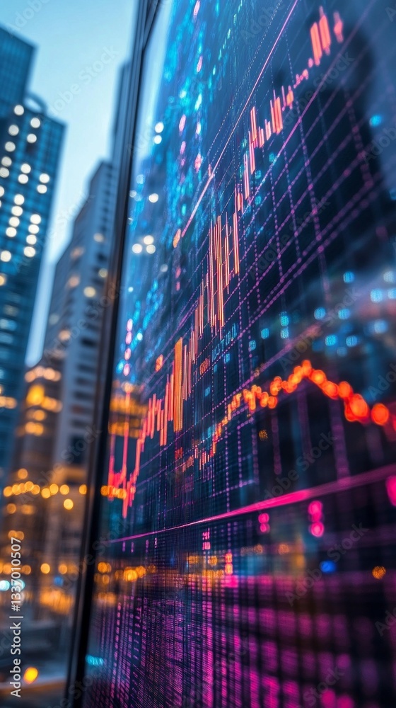 Poster a stunning hologram displays a financial graph against a backdrop of towering skyscrapers. the color