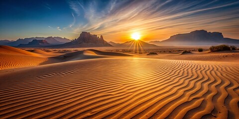 Desert Landscape Photography: Rippled Sands and Majestic Mountains at Sunrise