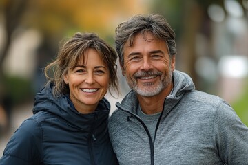 Fototapeta premium Smiling couple poses outdoors. The woman wears a dark jacket, and the man wears a gray hoodie. Both are happy and look healthy.