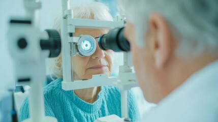 Fototapeta premium Close-Up of Elderly Woman Undergoing a Glaucoma Eye Examination at an Optometrist’s Office for Vision Screening