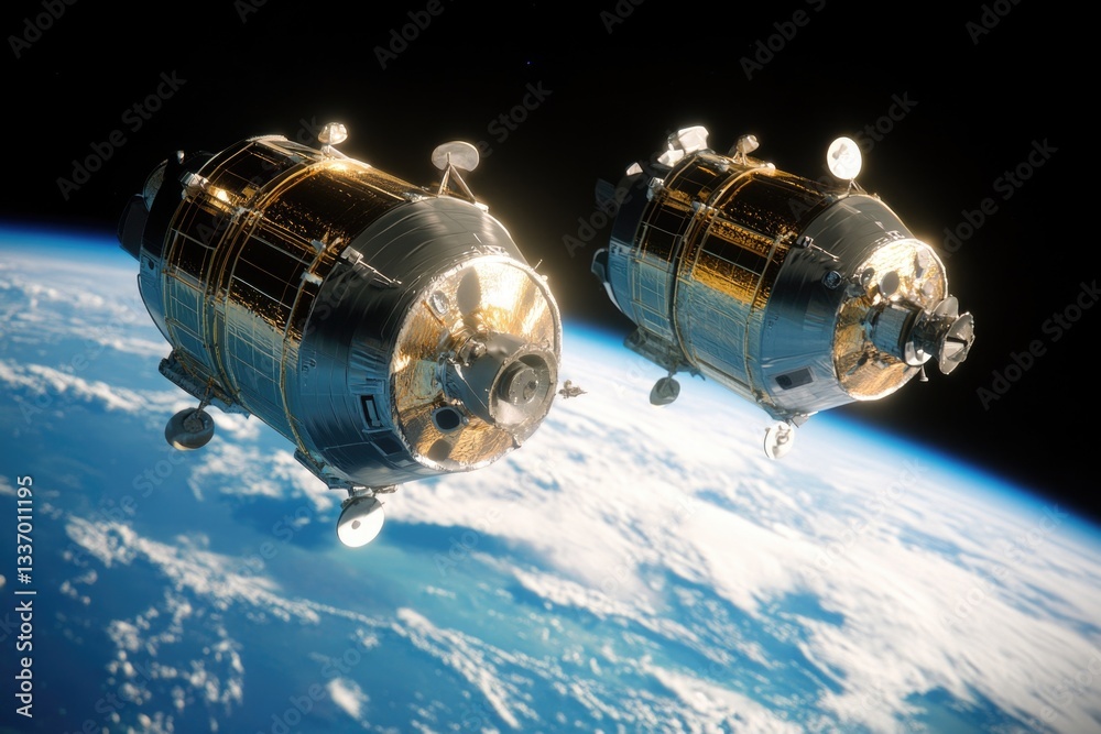 Poster two space shuttles soaring through the sky, with the curved shape of the earth visible below