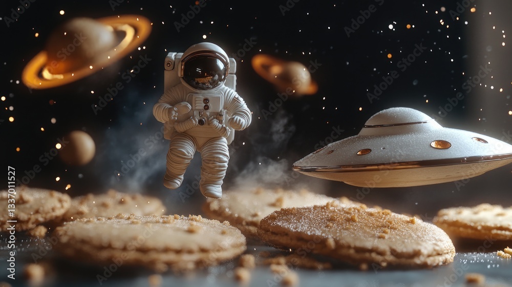 Poster an astronaut stands near a flying saucer in space, with stars and planets visible in the background