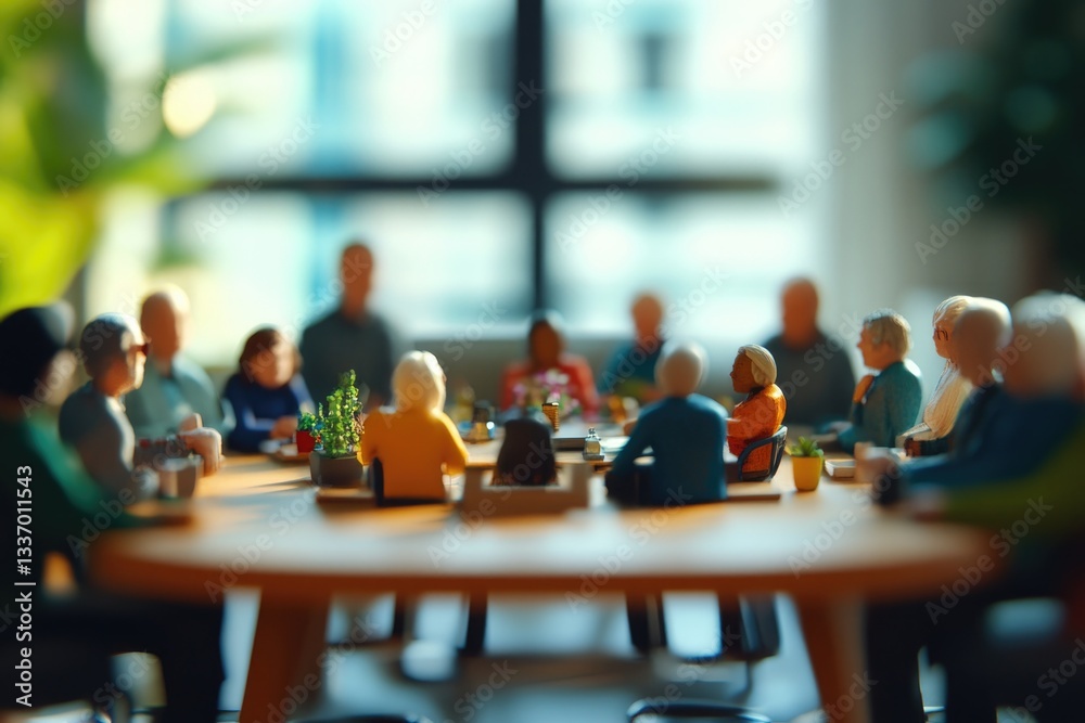 Poster people gathered around a wooden table for a meeting or gathering, possibly in a rustic setting