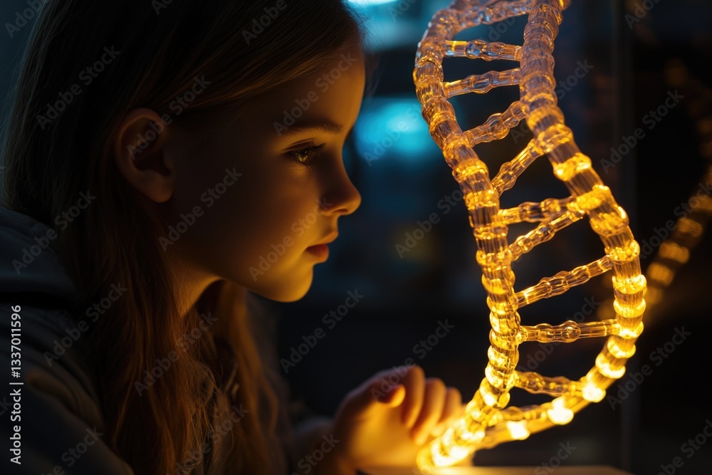 Poster a close-up view of a young girl observing a 3d model of dna, perfect for science-related content and