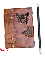 leather cover of a book with a pen isolated on white