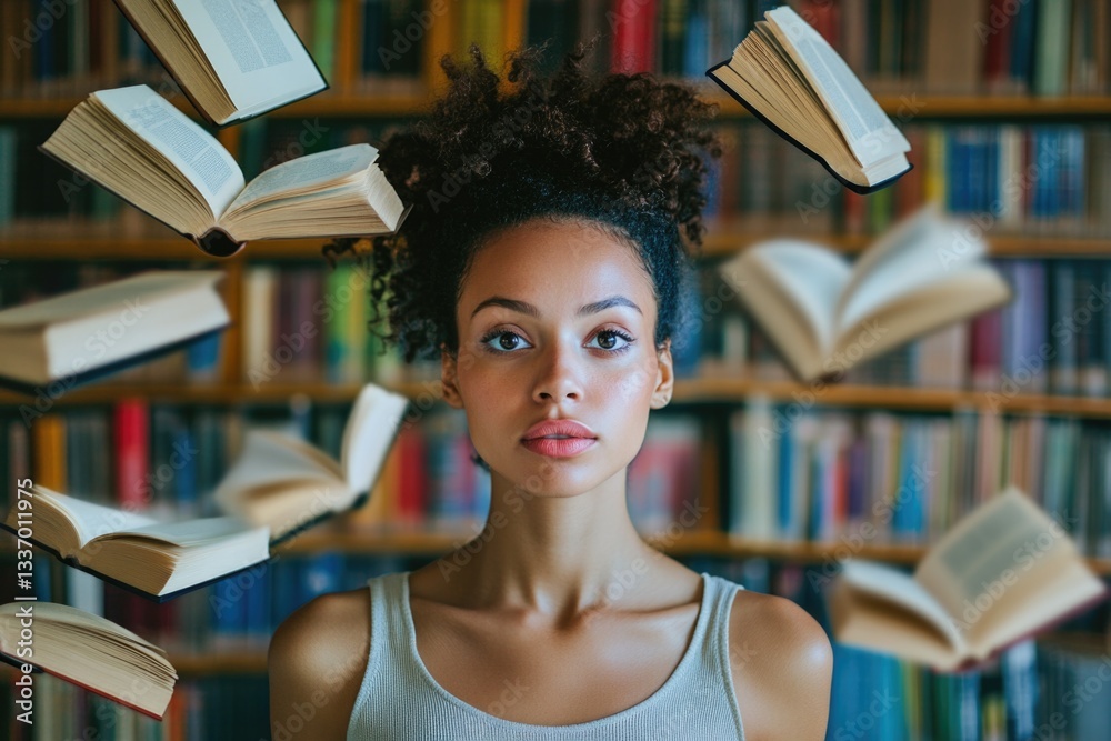 Poster a woman sits amidst stacks of books in a quiet library setting, with potential for use as a study or