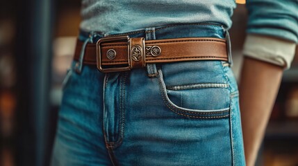 Woman wearing a brown leather belt with jeans. Close-up waist view.