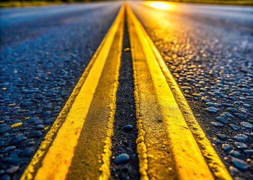 Distorted Parallelism: Macro Close-up of Double Yellow Road Lines