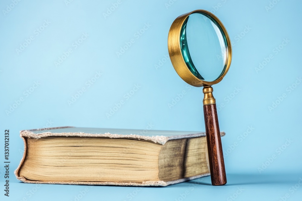 Poster a close-up shot of a magnifying glass resting on top of an open book, suitable for use in educationa