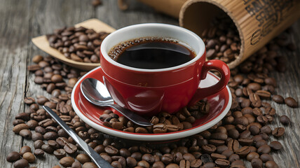 Fototapeta premium Red cup of aromatic coffee, saucer, spoon and beans isolated on white