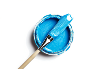 a blue paint brush in a white bowl cutout image and isolated on transparent background 