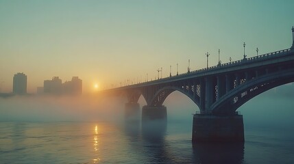 Sunrise fog, city bridge, river reflection