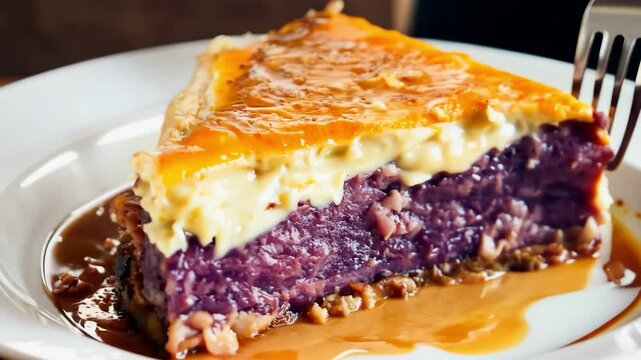 A slice of pie with a brown sauce on top. The pie is cut in half and is sitting on a white plate