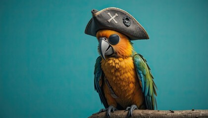 A parrot wearing a pirate outfit, complete with a tiny hat and eye patch, sits on a solitary teal background with text space above.