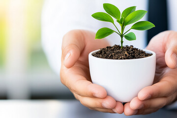 Close-up of hands holding a small plant in soil, a businessman wearing a white shirt and tie sitting at a desk,