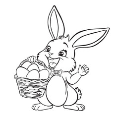 Cartoon cute hare. Kawaii easter bunny with basket of painted eggs coloring page for kids