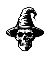 Skull Wearing Witch Hat in Black and White Illustration Style, Perfect for Halloween Theme