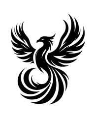 Obraz premium Phoenix Spreading Wings Black Silhouette Logo Vector Illustration Isolated on White Background