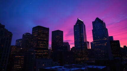 Obraz premium Cityscape at Twilight: Vibrant Hues Over Urban Skyline
