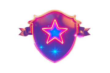 Glowing badge-shaped neon sign frame logo isolated on transparent background