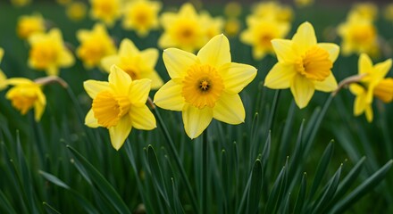 Fototapeta premium Vibrant Yellow Daffodils in Bloom with Lush Green Foliage in Springtime