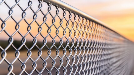 Industrial Roadside Elements Concept. Chain link fence with a sunset background