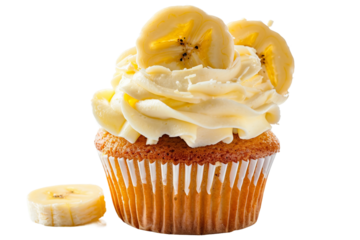 Mini banana cupcake with chocolate chips isolated on transparent background