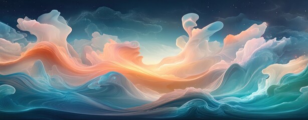 A mesmerizing abstract wave of colors blending seamlessly, ethereal artistic background of tranquility and creativity, vibrant fluid motion design.