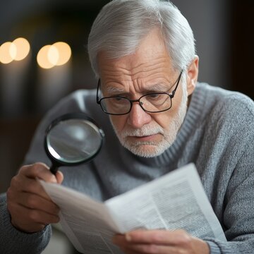 Elderly Man Holding Magnifying Glass While Reading Newspaper Due to Farsightedness and Aging Vision Problems
