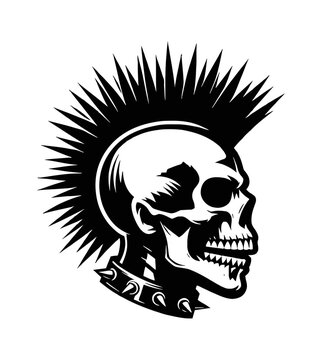 Skull with mohawk and studded collar vector illustration in black and white punk rock style
