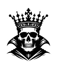 Fototapeta premium Black and White Vector Graphic of a Skull Wearing a Crown with Cloak, Elegant Gothic Design