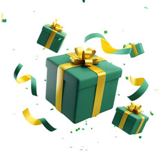 Christmas gift boxes in green flying in air isolated on transparent background PNG