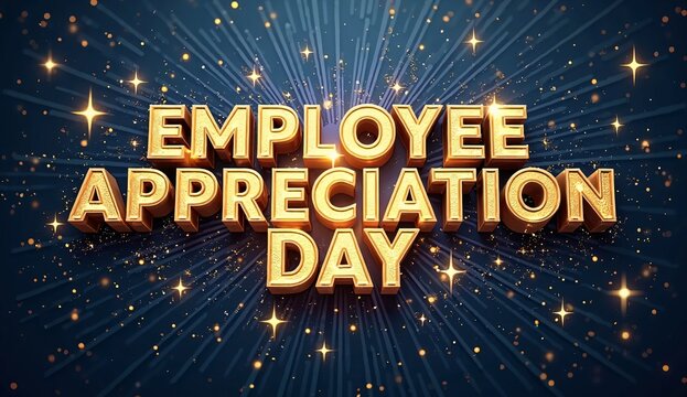 EMPLOYEE APPRECIATION DAY: Golden text celebrating workplace success with glowing stars and a blue festive background