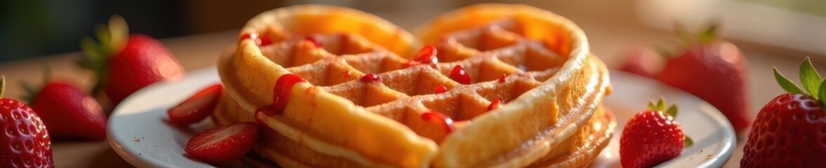 Deeply textured, airy heart-shaped waffle; light and fluffy, texture, brown, yummy