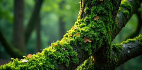 Naklejka premium Dense moss clinging to tree bark, intricate details, lichen, biology, flora