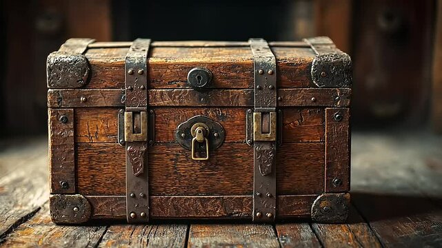 A weathered antique wooden chest with metal hardware sitting on a wooden surface.