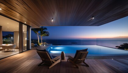 Fototapeta premium 탁 트인 오션뷰를 감상할 수 있는 현대적인 풀빌라