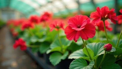 Healthy geranium plants thriving in greenhouse environment , summer, plantlife, bright