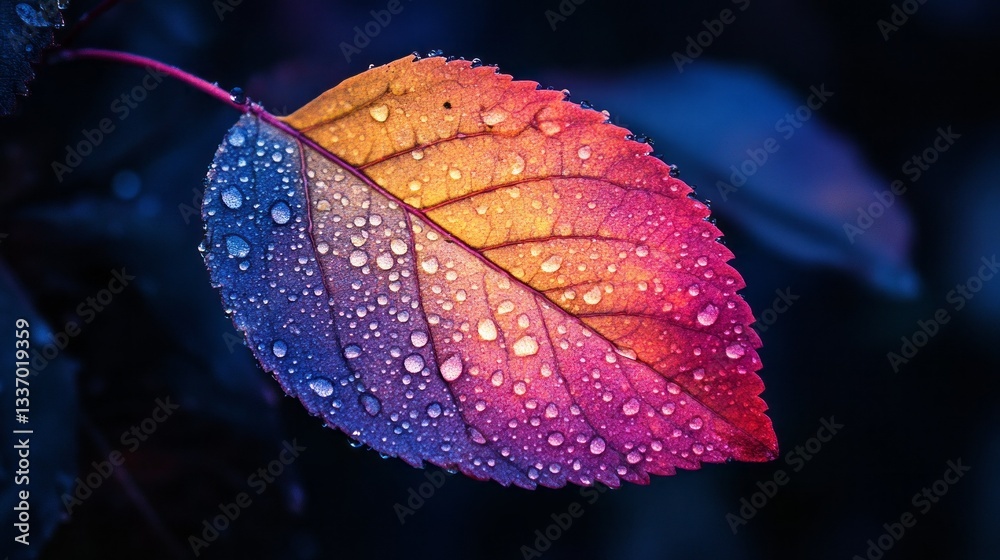 Poster radiant droplets rest delicately on a colorful leaf, reflecting the soft hues of dawn. this enchanti