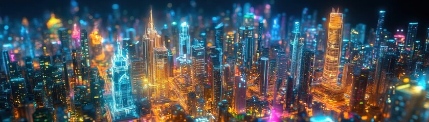 Obraz premium A childs sketch comes to life in a futuristic holographic city model, depicted from eye-level angle 20 with ethereal, radiant hues