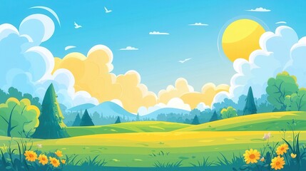 Obraz premium Sunny Summer Meadow Landscape Illustration