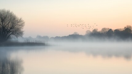 Fototapeta premium Misty Lake at Dawn with Birds Gliding Over the Water, Reflecting Soft Morning Light