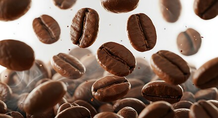 Obraz premium A dynamic shot of coffee beans mid-air, highlighting their rich, roasted aroma and deep brown color, essential for fresh brewing.