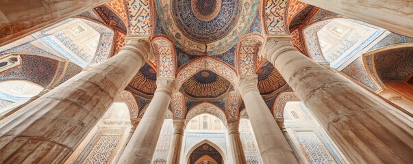 Intricate interior architecture displaying columns ornate ceilings and complex patterns