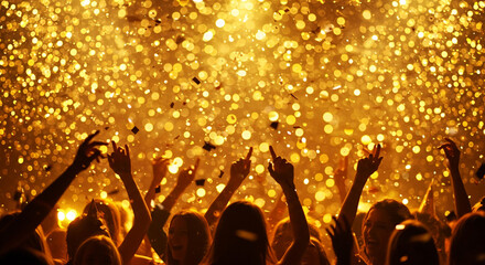 Golden Celebration Crowd of People Dancing with Confetti Falling